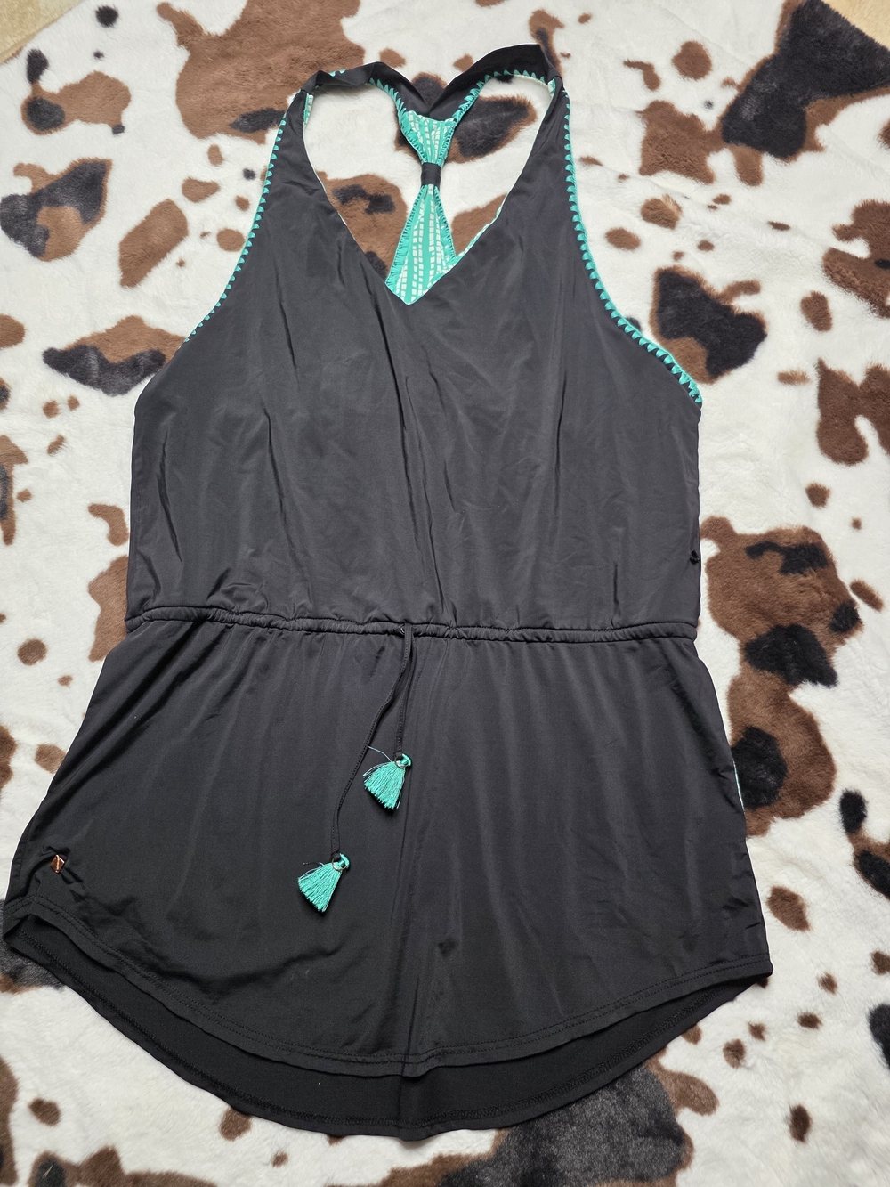 Vera Bradley Black Swim Romper Cover-Up with Teal Accents & Tassels Size Medium
